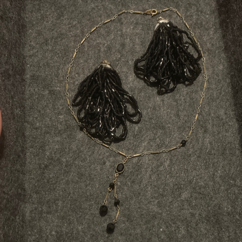 Vintage Black Beaded Necklace and clip on Earring Set